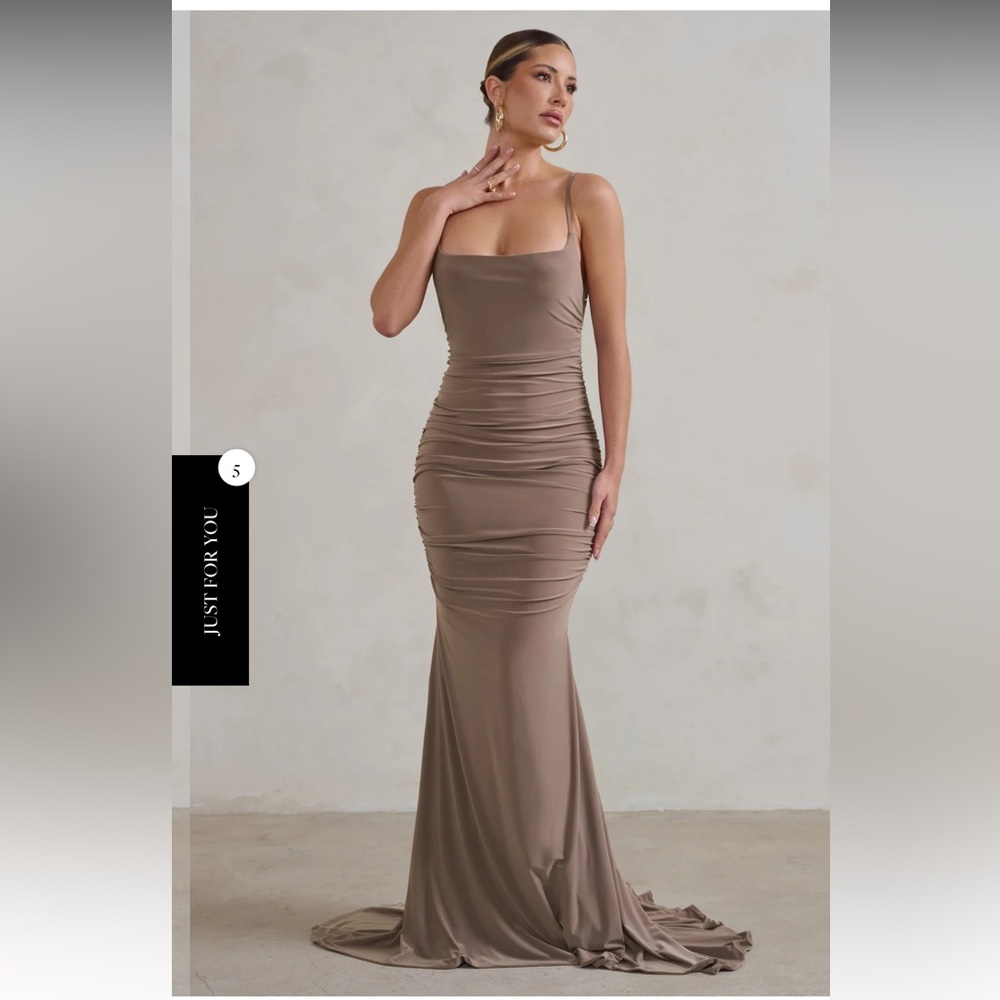 Club L London- Adele Mocha Backless Ruched Fishtail Gown